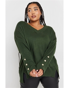 Джемпер с резинкой на рукавах и пуговицах, зеленый Yours curve