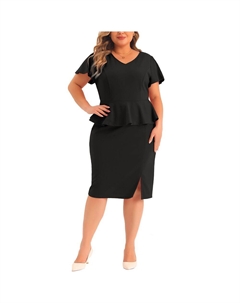 Платья больших размеров для женщин, церковное платье с короткими рукавами и оборками, винтажное платье-карандаш с баской, черный Agnes orinda