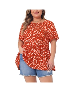 Топ больших размеров для женщин, топы с баской в ​​горошек и круглым вырезом, рубашки с короткими рукавами, оранжевый Agnes orinda