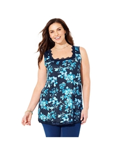 Женская майка с квадратным вырезом и кружевной отделкой больших размеров, цвет Navy Watercolor Floral Catherine's