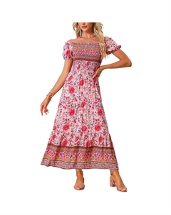 Платье с цветочным принтом в стиле бохо для женщин, платье миди с квадратным вырезом и присборами, розовый Allegra k