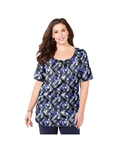 Женский топ больших размеров с защипами и воротником-стойкой, цвет Navy Brushstroke Plaid Catherine's