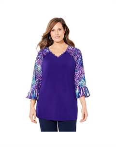 Женский топ больших размеров с воланами и рукавами, цвет Deep Grape Medallion Catherine's