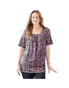 Женский топ больших размеров с защипами и воротником-стойкой, цвет Pink Burst Watercolor Catherine's