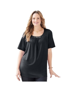 Женский топ больших размеров с защипами и воротником-стойкой, черный Catherine's