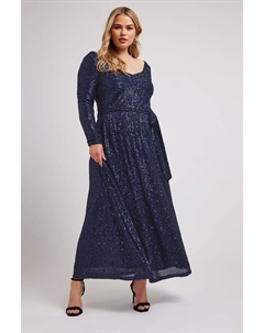 Платье макси с длинными рукавами и пайетками London, синий Yours curve