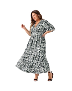 Платье больших размеров для женщин, рукав-колокольчик, рюшами, подол, V-образный вырез, короткий рукав, длинные платья в стиле бохо в стиле бохо, цвет Navy Blue Agnes orinda