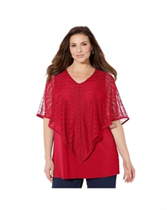 Женский топ-пончо-дуэт, связанный крючком, относящийся к категории больших размеров, цвет Classic Red Catherine's