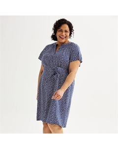 Платье больших размеров с присборенными пуговицами и завязкой на талии, с короткими рукавами, цвет Navy Berry Leaves Croft & barrow