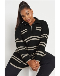 Джемпер с застежкой молнией на четверть длины в полоску, черный Yours curve