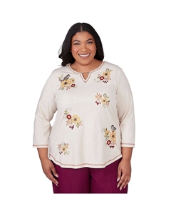 Топ больших размеров с подсолнухами и птицами, цвет Oatmeal Alfred dunner