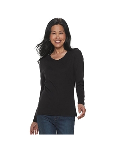 Топ Petite Essential с длинными рукавами и V-образным вырезом, черный Croft & barrow