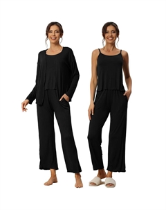 Женская одежда для сна из 3 предметов, однотонные топы с длинными рукавами, майка и брюки, пижамный комплект, черный Cheibear