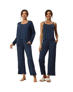 Женская одежда для сна из 3 предметов, однотонные топы с длинными рукавами, майка и брюки, пижамный комплект, синий Cheibear