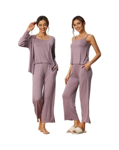 Женская одежда для сна из 3 предметов, однотонные топы с длинными рукавами, майка и брюки, пижамный комплект, фиолетовый Cheibear