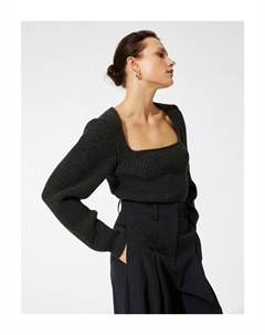 Трикотажный свитер с квадратным вырезом и рукавами-фонариками, черный Koton