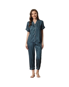 Женская атласная рубашка на пуговицах с коротким рукавом и пижамный комплект с длинными брюками, синий Cheibear