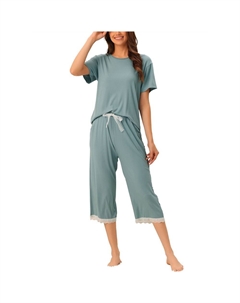 Женский модальный свободный летний пижамный комплект с кружевной отделкой и короткими рукавами, одежда для сна Carpri, синий Cheibear