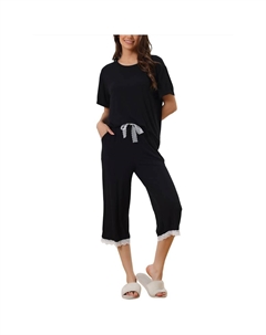 Женский модальный свободный летний пижамный комплект с кружевной отделкой и короткими рукавами, одежда для сна Carpri, черный Cheibear