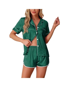 Женская атласная шелковистая пижама из 2 предметов с короткими рукавами, одежда для дома на пуговицах, шорты, пижамный комплект, зеленый Cheibear