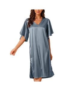 Женская атласная ночная рубашка с расклешенным колокольчиком и коротким рукавом, ночная рубашка, ночная рубашка, синий Cheibear
