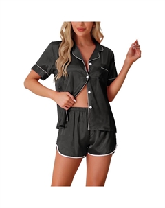 Женская атласная шелковистая пижама из 2 предметов с короткими рукавами, одежда для дома на пуговицах, шорты, пижамный комплект, черный Cheibear