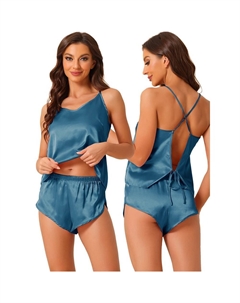 Женская атласная пижама без рукавов на бретельках с шортами Sliky Lounge Set, синий Cheibear