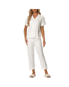 Женская атласная рубашка на пуговицах с коротким рукавом и пижамный комплект с длинными брюками, белый Cheibear