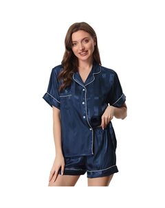 Женская атласная рубашка на пуговицах с коротким рукавом и шорты, пижамный комплект, синий Cheibear