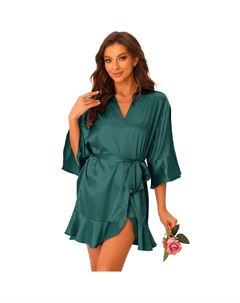 Женская атласная пижама с шелковистыми рукавами 3/4, домашняя одежда с завязкой на талии, халаты, зеленый Cheibear