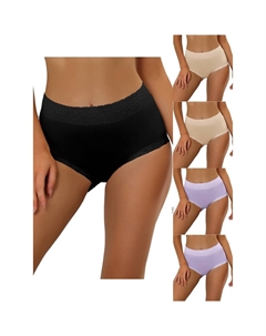 5 упаковок женского хлопкового нижнего белья с высокой посадкой и кружевной отделкой для контроля живота, полное покрытие, трусы Muti-color, Purple Bg Bk Allegra k