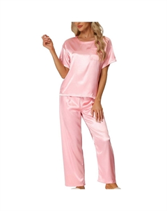Женские атласные пижамы, летние наряды, топы с короткими рукавами и брюки, шелковистые комплекты для отдыха, розовый Cheibear
