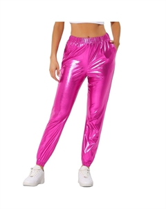 Женские блестящие брюки-джоггеры цвета металлик с высокой талией для вечеринок, цвет Hot Pink Allegra k