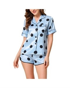 Женские атласные пижамные комплекты из 2 предметов для дома, футболки и шорт в горошек, синий Cheibear