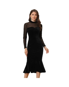 Облегающее платье для женщин Элегантные бархатные прозрачные сетчатые коктейльные платья миди с воротником-стойкой, цвет Dark Red Allegra k