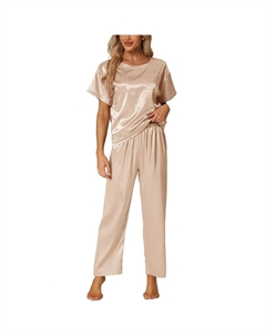 Женские атласные пижамы, летние наряды, топы с короткими рукавами и брюки, шелковистые комплекты для отдыха, цвет Khaki Cheibear