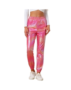 Женские блестящие брюки-джоггеры цвета металлик с высокой талией для вечеринок, цвет Holographic Pink Allegra k