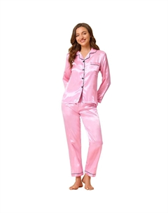 Женские атласные пижамные комплекты из 2 предметов для дома на пуговицах, гладкие шелковистые пижамные комплекты, розовый Allegra k
