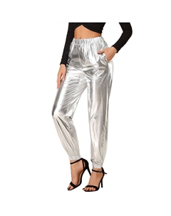 Женские блестящие брюки-джоггеры цвета металлик с высокой талией для вечеринок, цвет Silver Allegra k