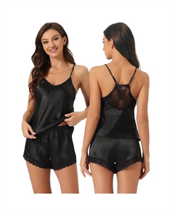 Женские атласные пижамы без рукавов с кружевной отделкой, топы и шорты, шелковистые комплекты для отдыха, черный Cheibear