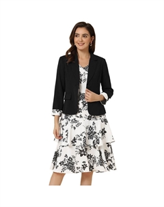 Жен. Рабочий лук С принтом Комплекты из 2 предметов Шифоновый пиджак с V-образным вырезом и контрастной вставкой Платье, черный Allegra k