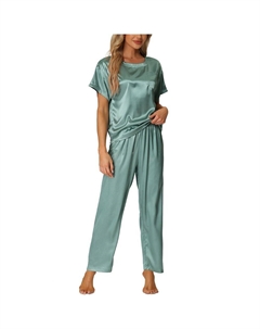 Женские атласные пижамы, летние наряды, топы с короткими рукавами и брюки, шелковистые комплекты для отдыха, цвет Gray Green Cheibear