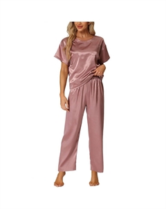 Женские атласные пижамы, летние наряды, топы с короткими рукавами и брюки, шелковистые комплекты для отдыха, фиолетовый Cheibear