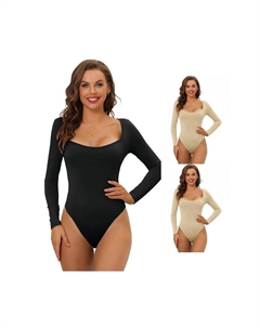 3 упаковки женских боди с длинными рукавами, корректирующее белье, облегающий эластичный купальник с квадратным вырезом, комбинезон, топы, цвет Khaki Black Allegra k