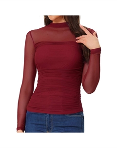 Сетчатый топ для женщин, однотонный, с длинным рукавом, с воротником-стойкой и прозрачной вставкой с боковыми сборками, красный Allegra k