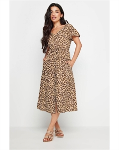 Платье миди с леопардовым принтом, рукавами оборками и льном, коричневый Pixiegirl petite