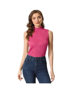 Майка с воротником-стойкой для женщин, без рукавов, в рубчик, с воротником-стойкой, вязаные топы, цвет Hot Pink Allegra k