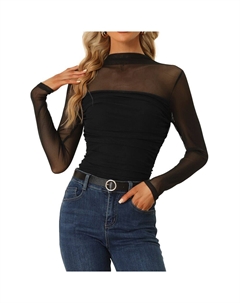 Сетчатый топ для женщин, однотонный, с длинным рукавом, с воротником-стойкой и прозрачной вставкой с боковыми сборками, черный Allegra k