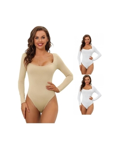 3 упаковки женских боди с длинными рукавами, корректирующее белье, облегающий эластичный трико с квадратным вырезом, комбинезон, топы, цвет White Khaki Allegra k