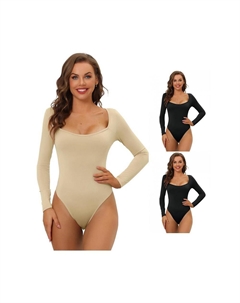 3 упаковки женских боди с длинными рукавами, корректирующее белье, облегающий эластичный трико с квадратным вырезом, комбинезон, топы, цвет Black Khaki Allegra k